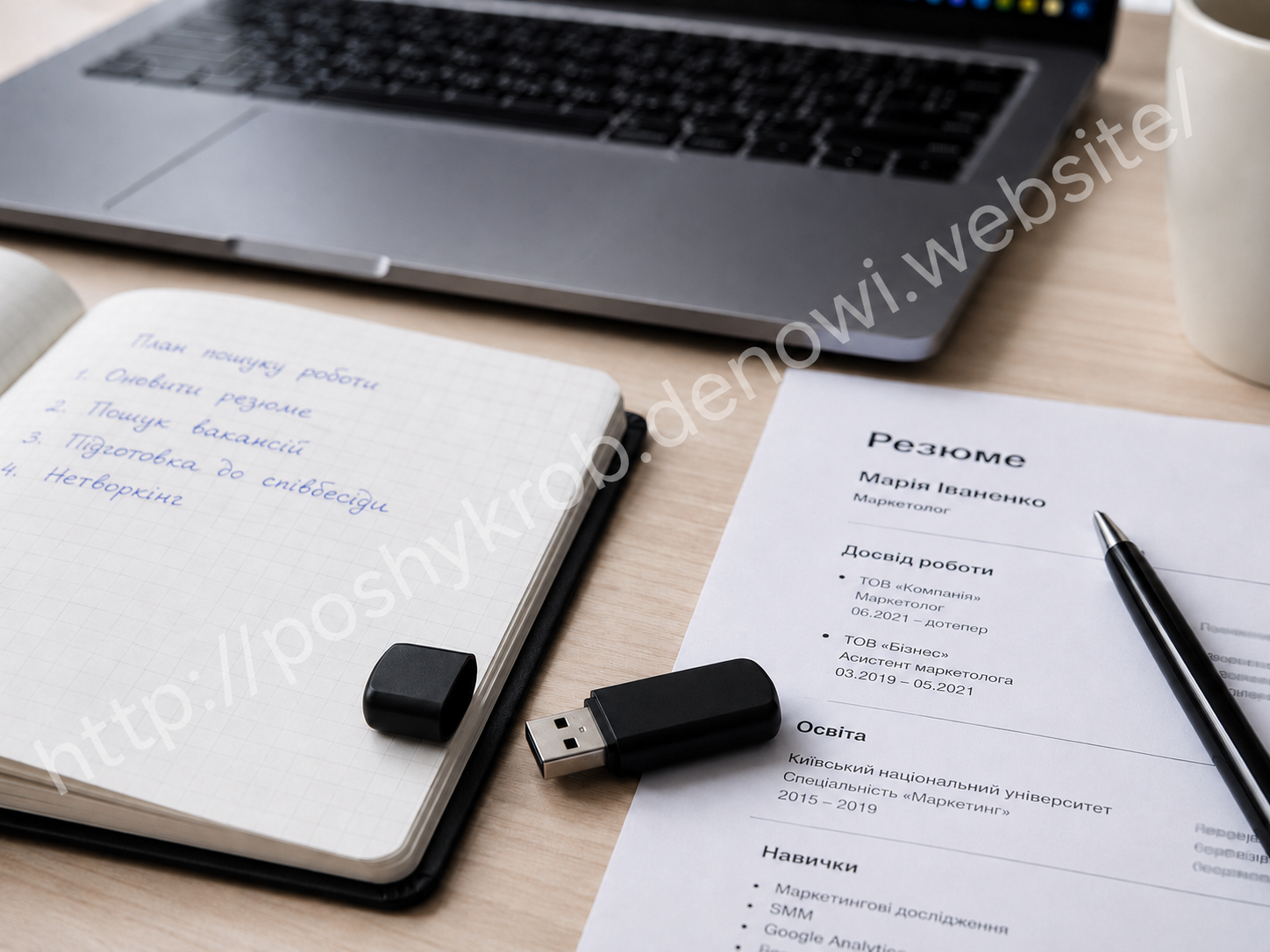Звичайна USB-флешка з резюме та нотатками на столі